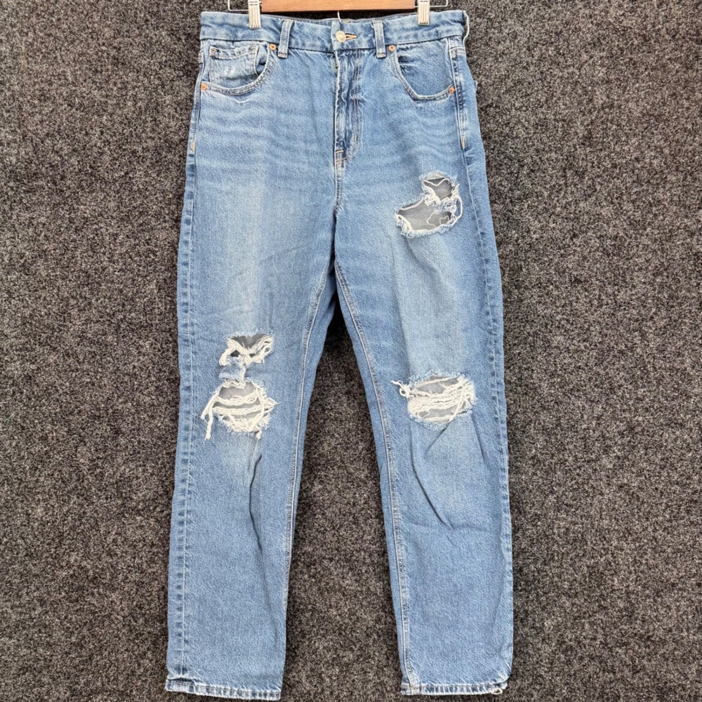 American Eagle Curvy Mom Jeans Light Wash Distressed High Rise Size 12 Regular